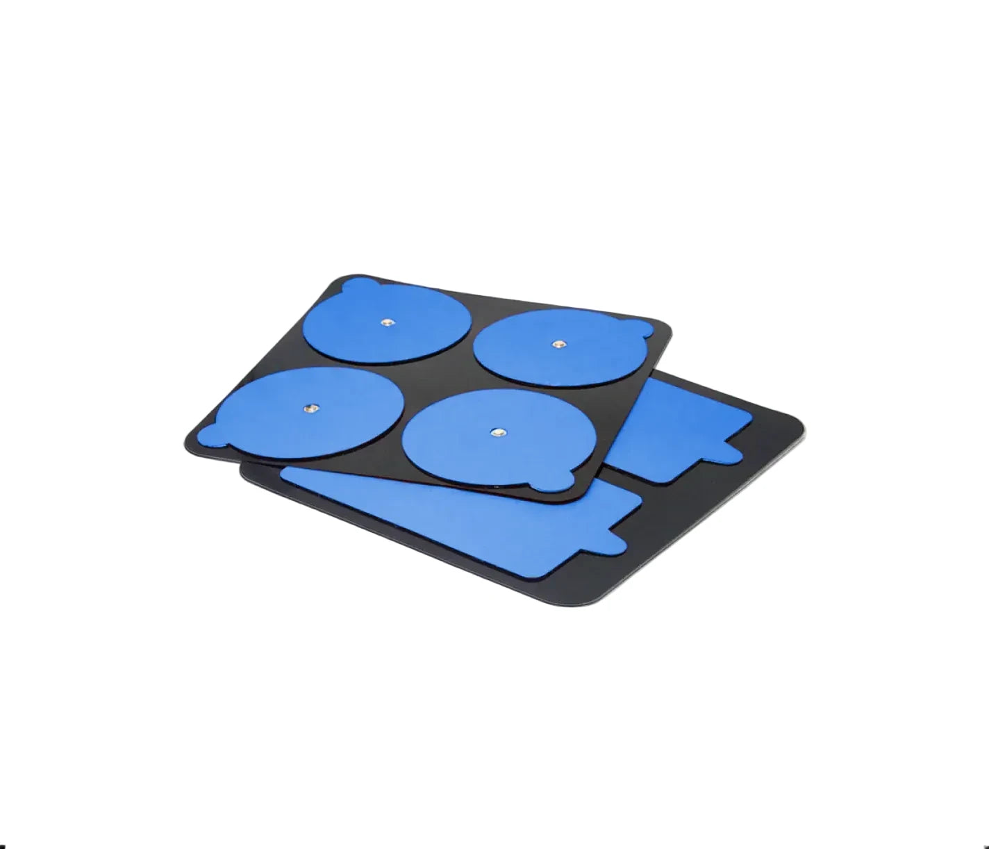 Blue circular patches on a black base with a beige background